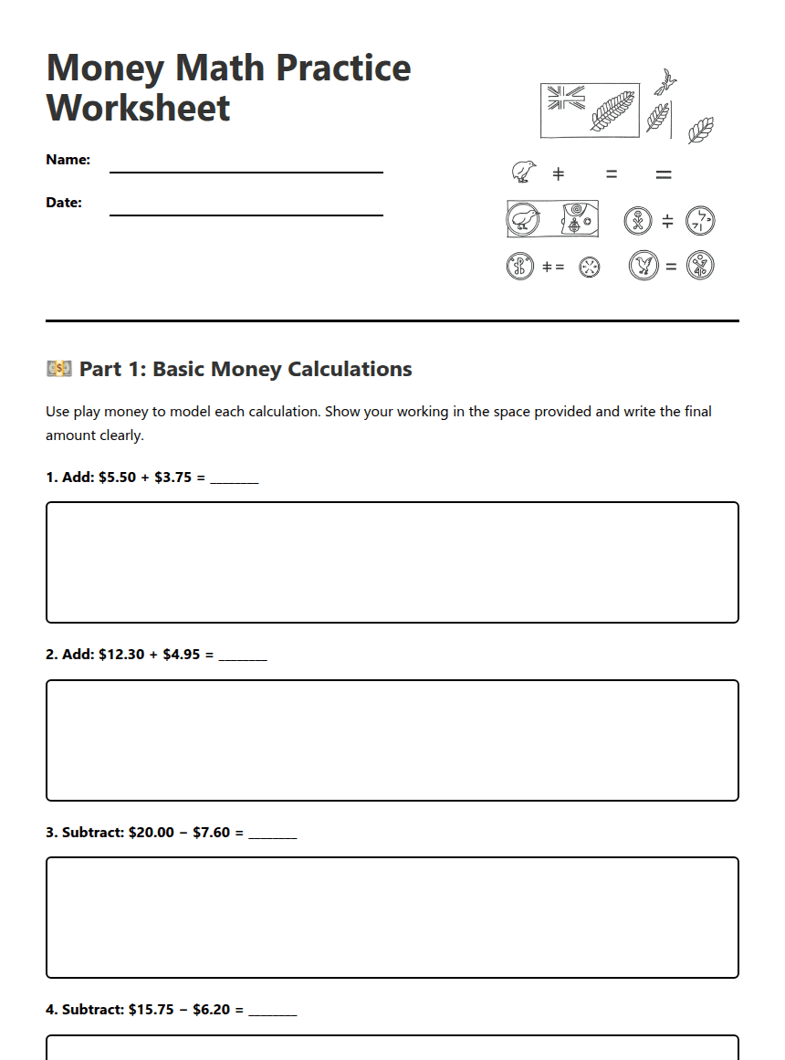 Money Math Practice Worksheet worksheet preview