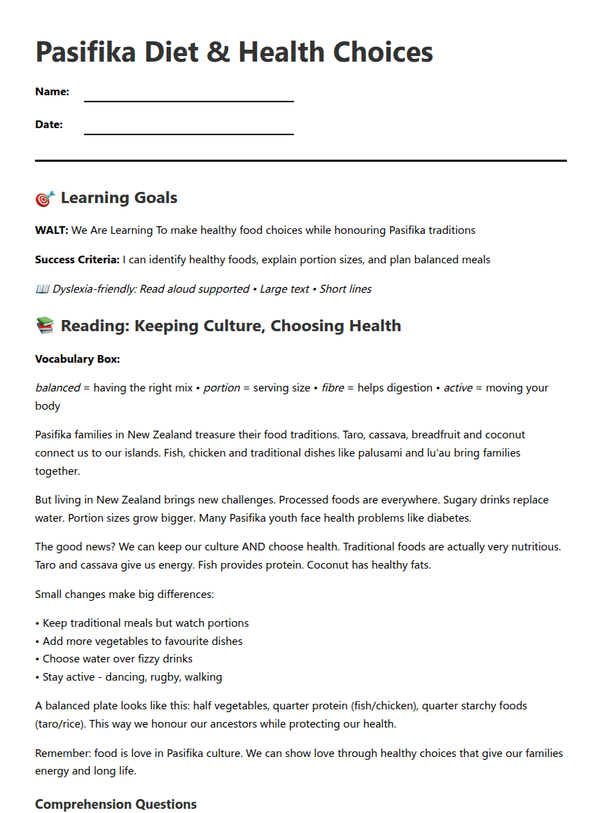 Pasifika Diet & Health Choices worksheet preview