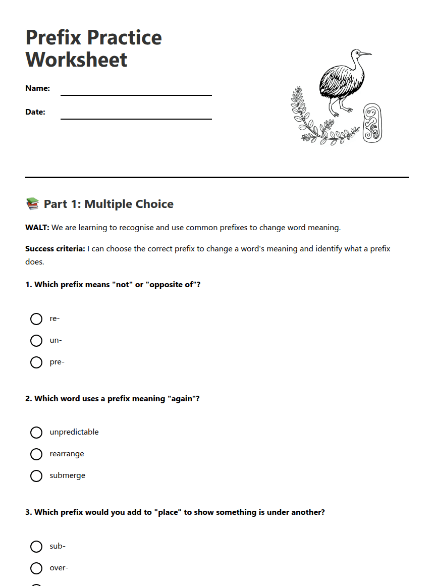 Prefix Practice Worksheet worksheet preview