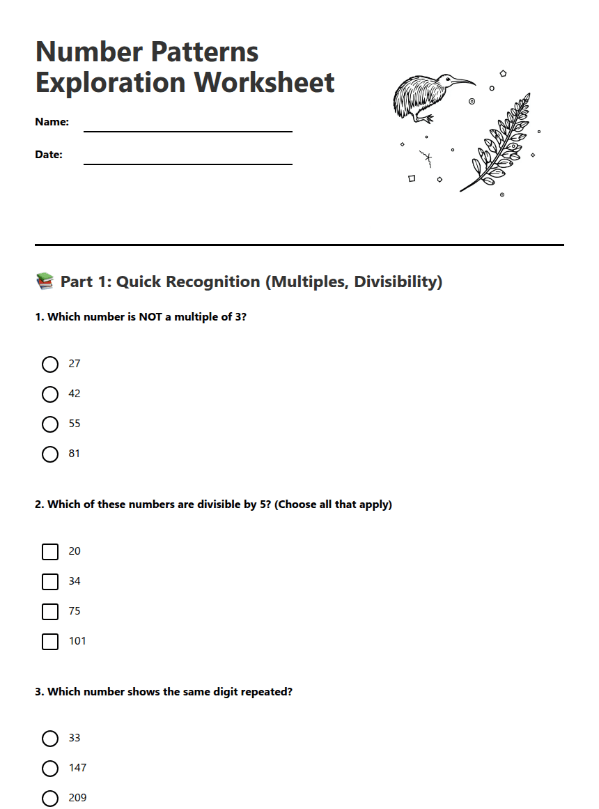 Number Patterns Exploration Worksheet worksheet preview