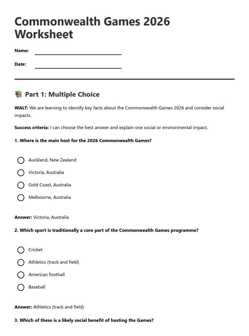 Commonwealth Games 2026 Worksheet worksheet preview