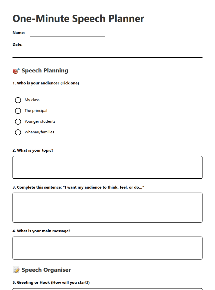 One-Minute Speech Planner worksheet preview