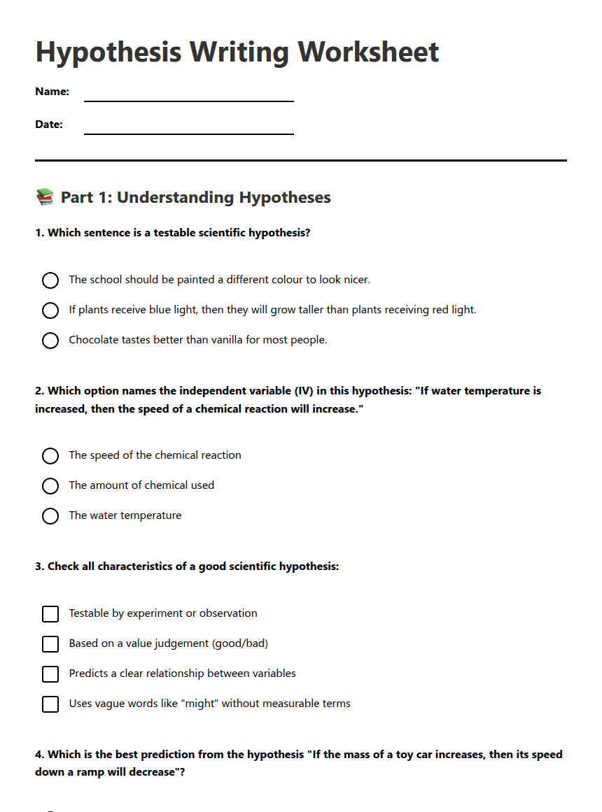 Hypothesis Writing Worksheet worksheet preview