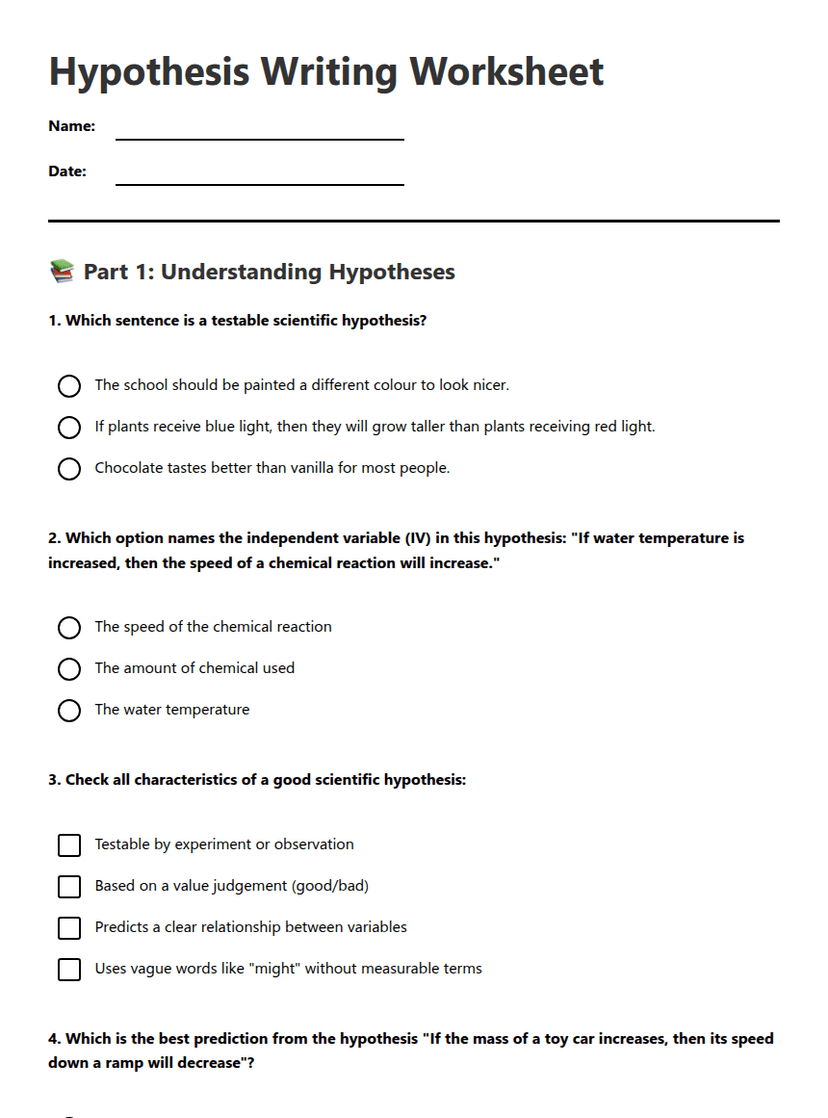 Hypothesis Writing Worksheet