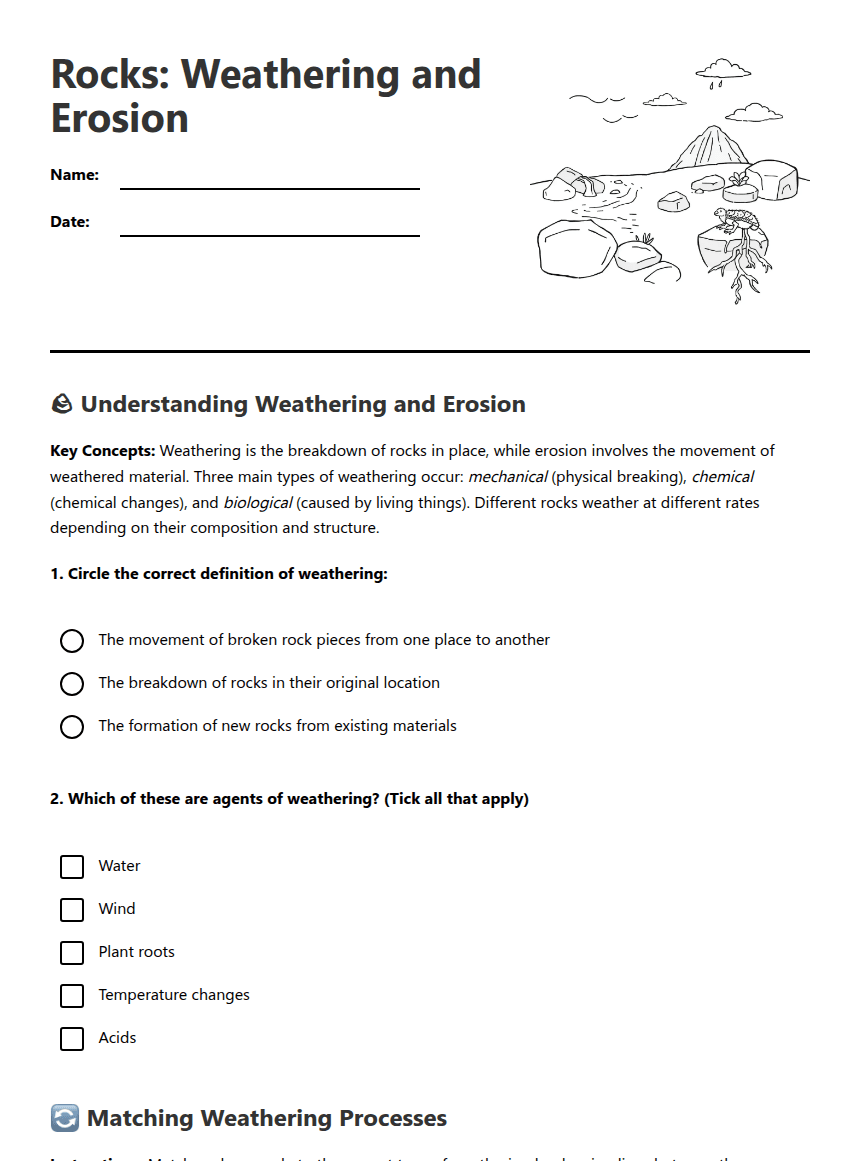 Rocks: Weathering and Erosion worksheet preview