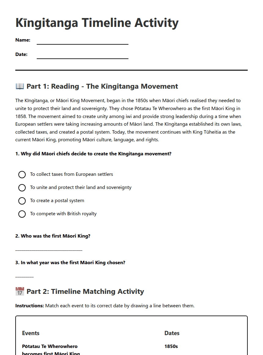 Kīngitanga Timeline Activity worksheet preview
