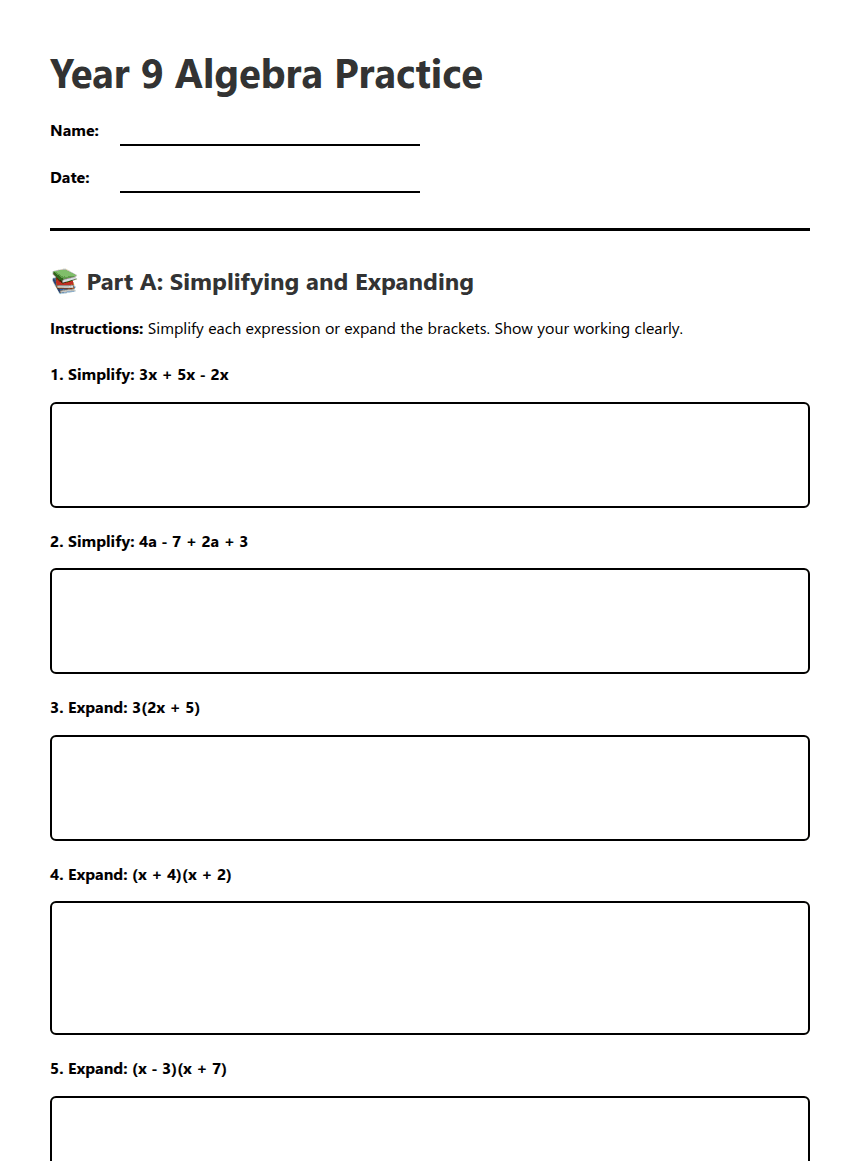 Year 9 Algebra Practice worksheet preview