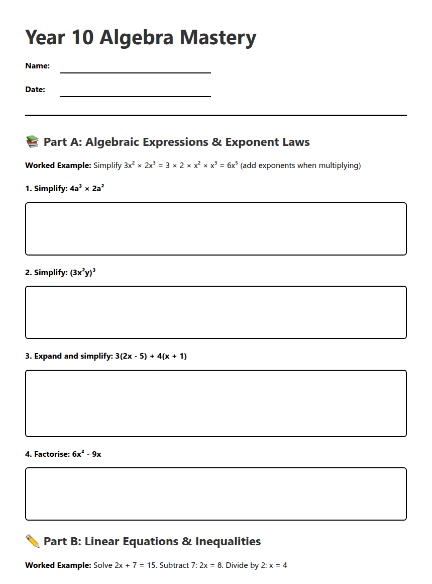 Year 10 Algebra Mastery worksheet preview