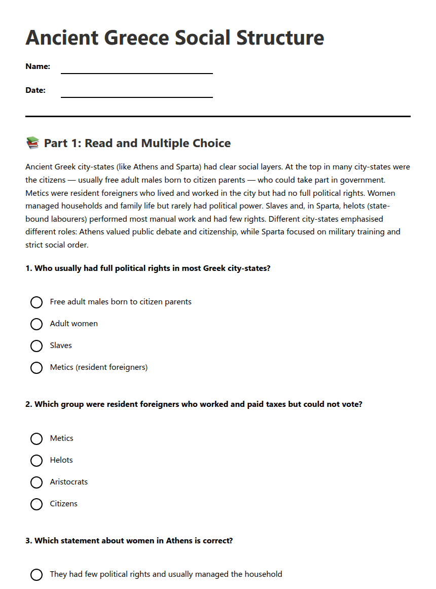 Ancient Greece Social Structure worksheet preview