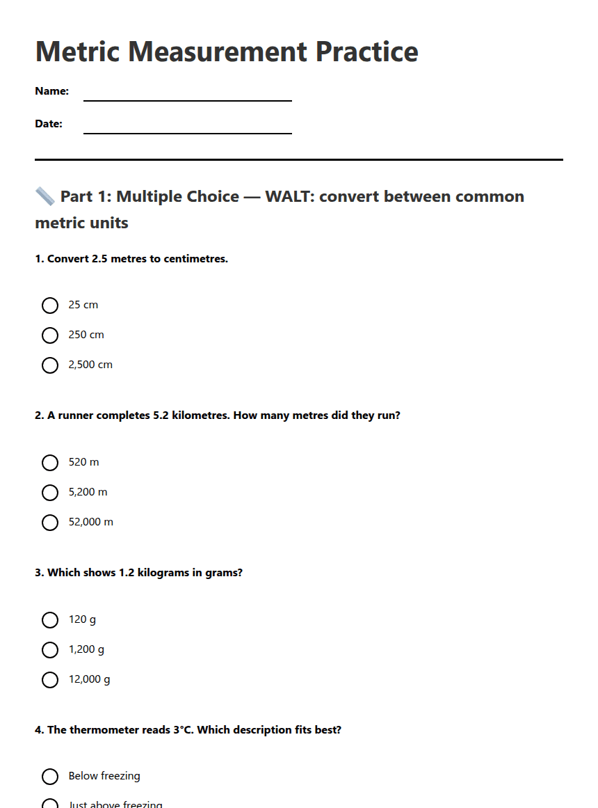 Metric Measurement Practice worksheet preview