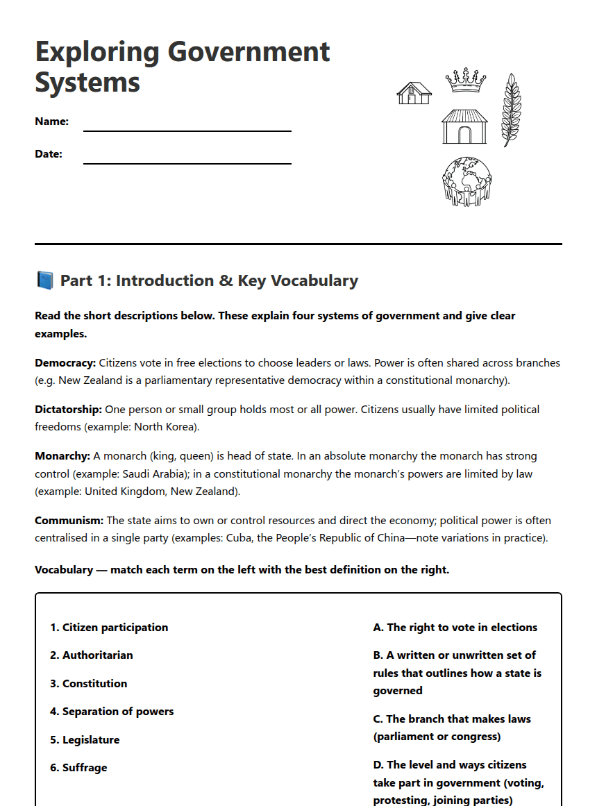 Exploring Government Systems worksheet preview