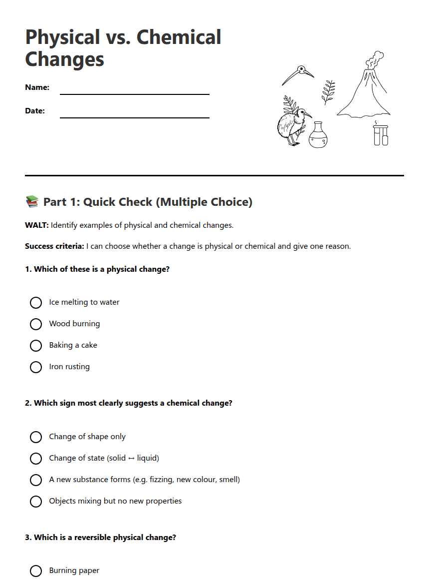 Physical vs. Chemical Changes worksheet preview