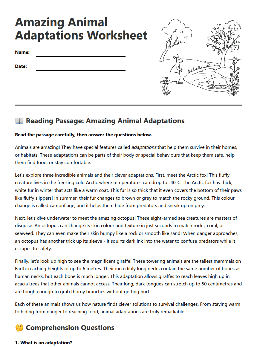 Amazing Animal Adaptations Worksheet worksheet preview