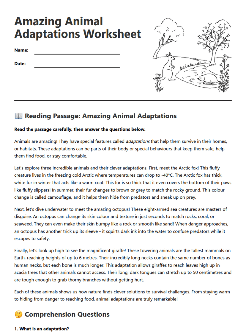 Amazing Animal Adaptations Worksheet