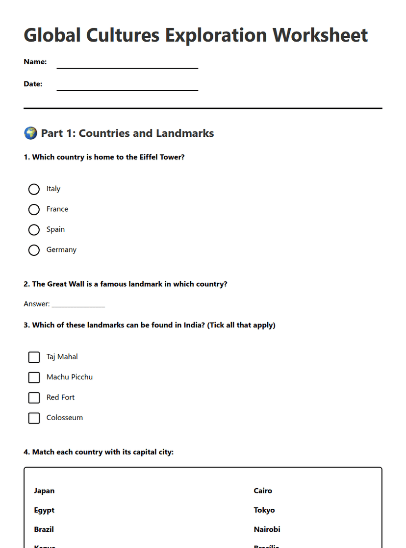 Global Cultures Exploration Worksheet