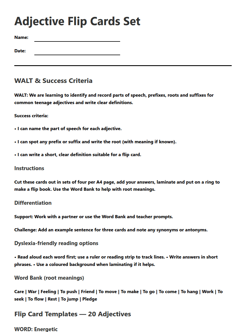 Adjective Flip Cards Set worksheet preview
