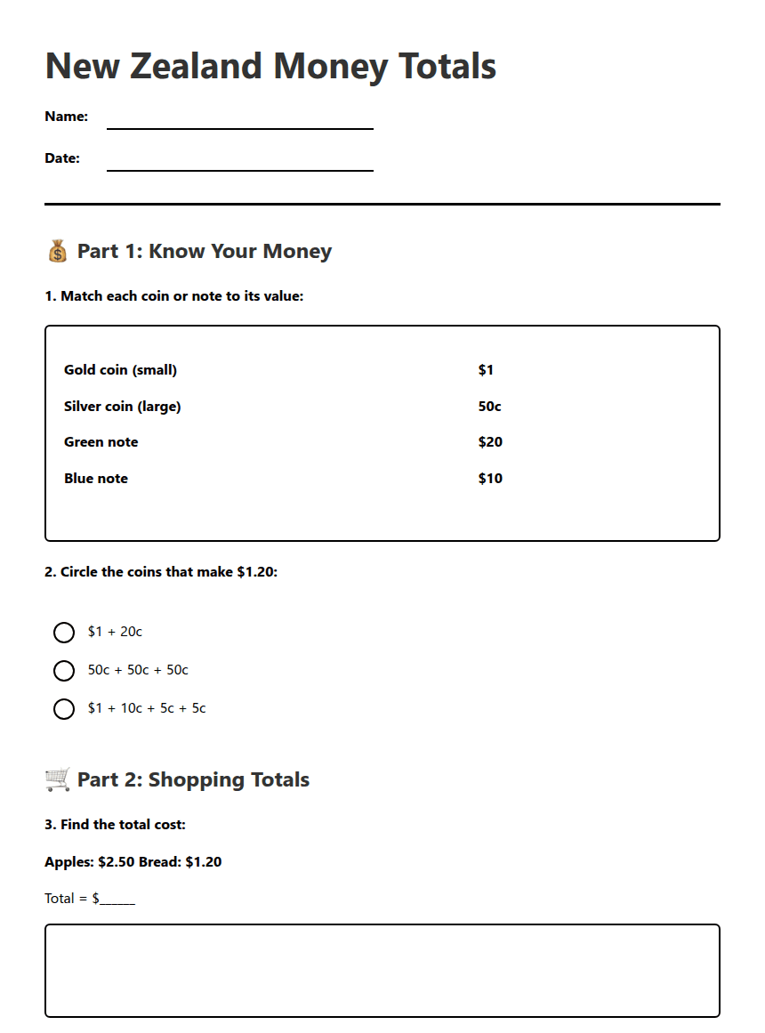 New Zealand Money Totals worksheet preview