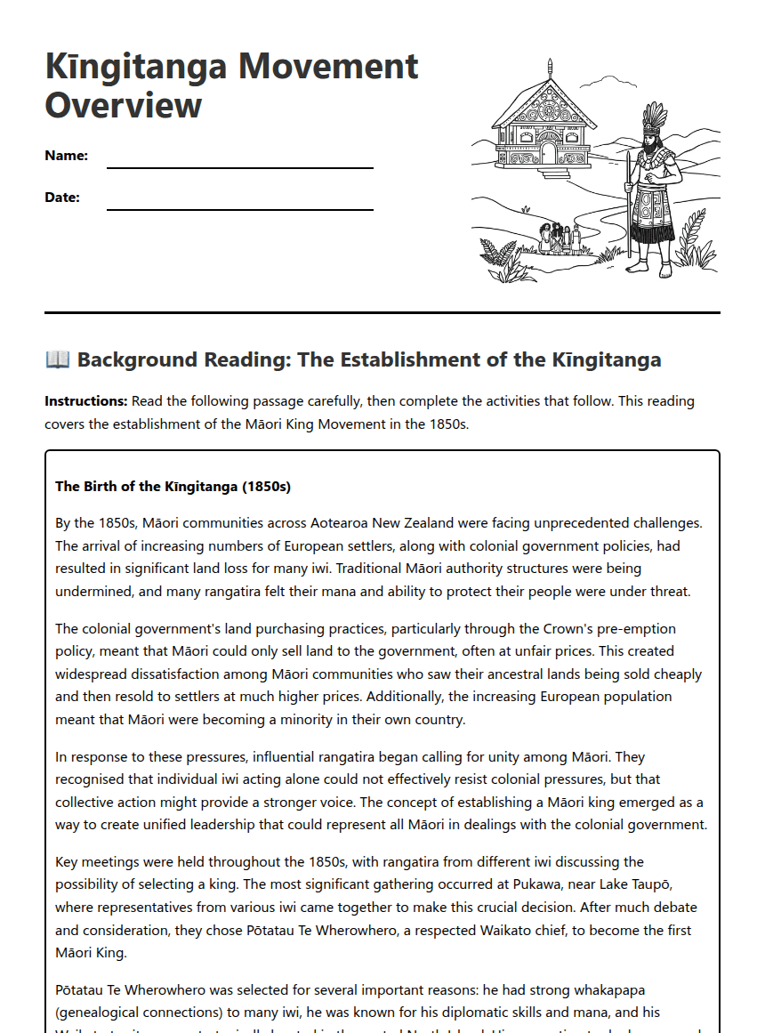 Kīngitanga Movement Overview worksheet preview