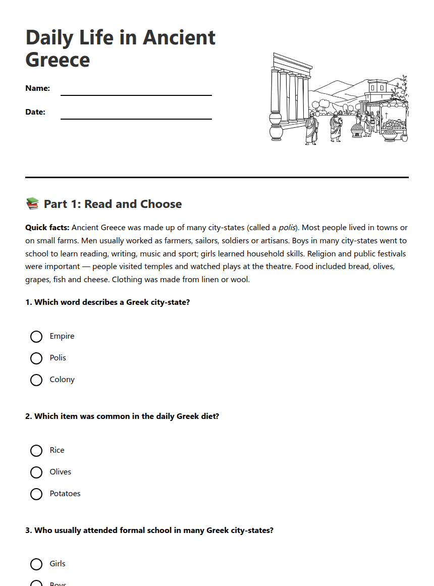 Daily Life in Ancient Greece worksheet preview
