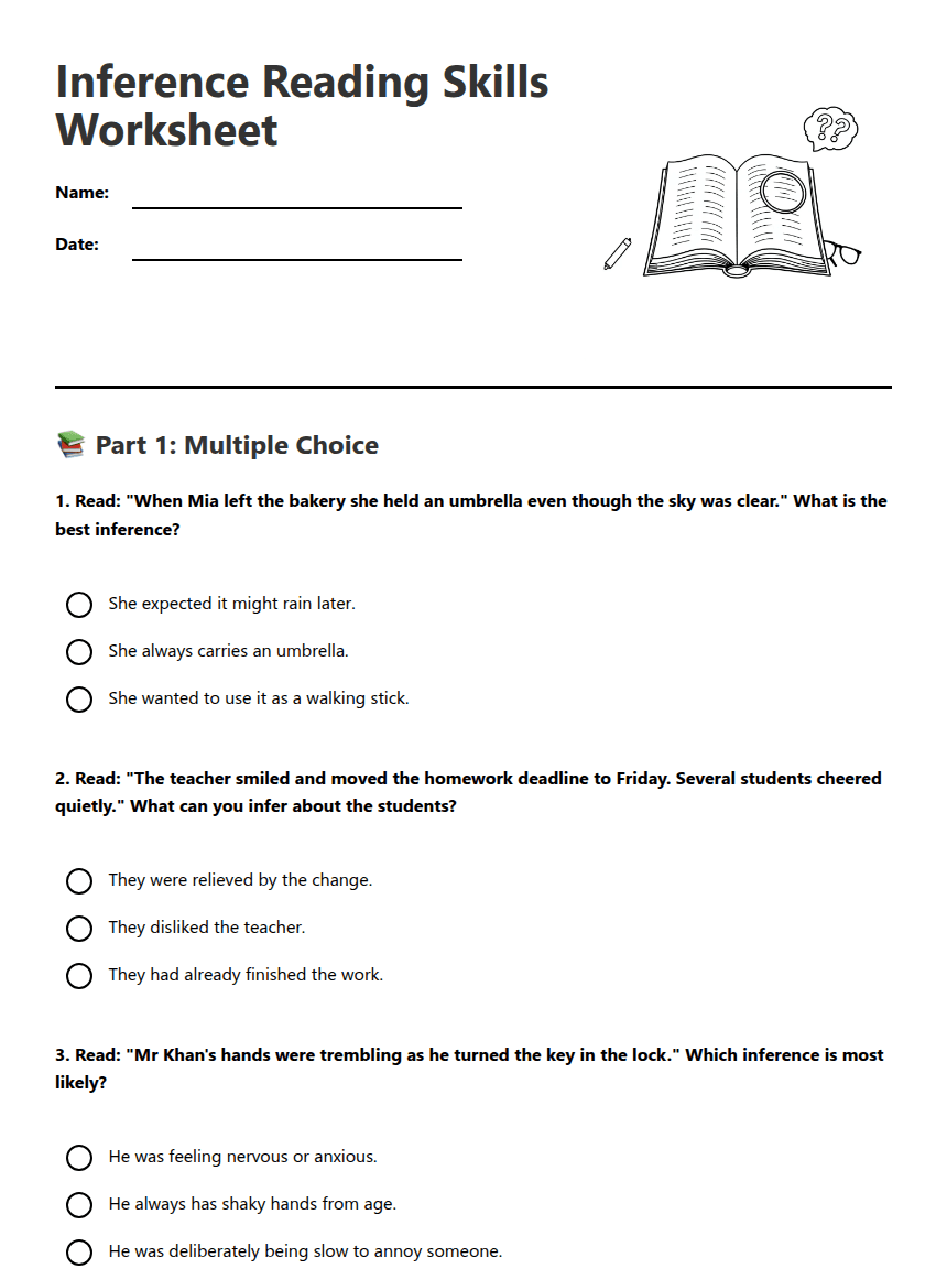 Inference Reading Skills Worksheet worksheet preview