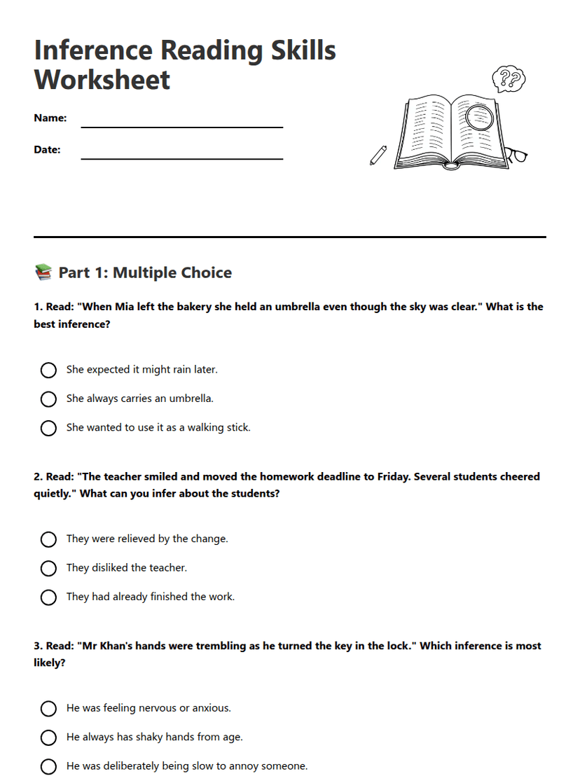 Inference Reading Skills Worksheet