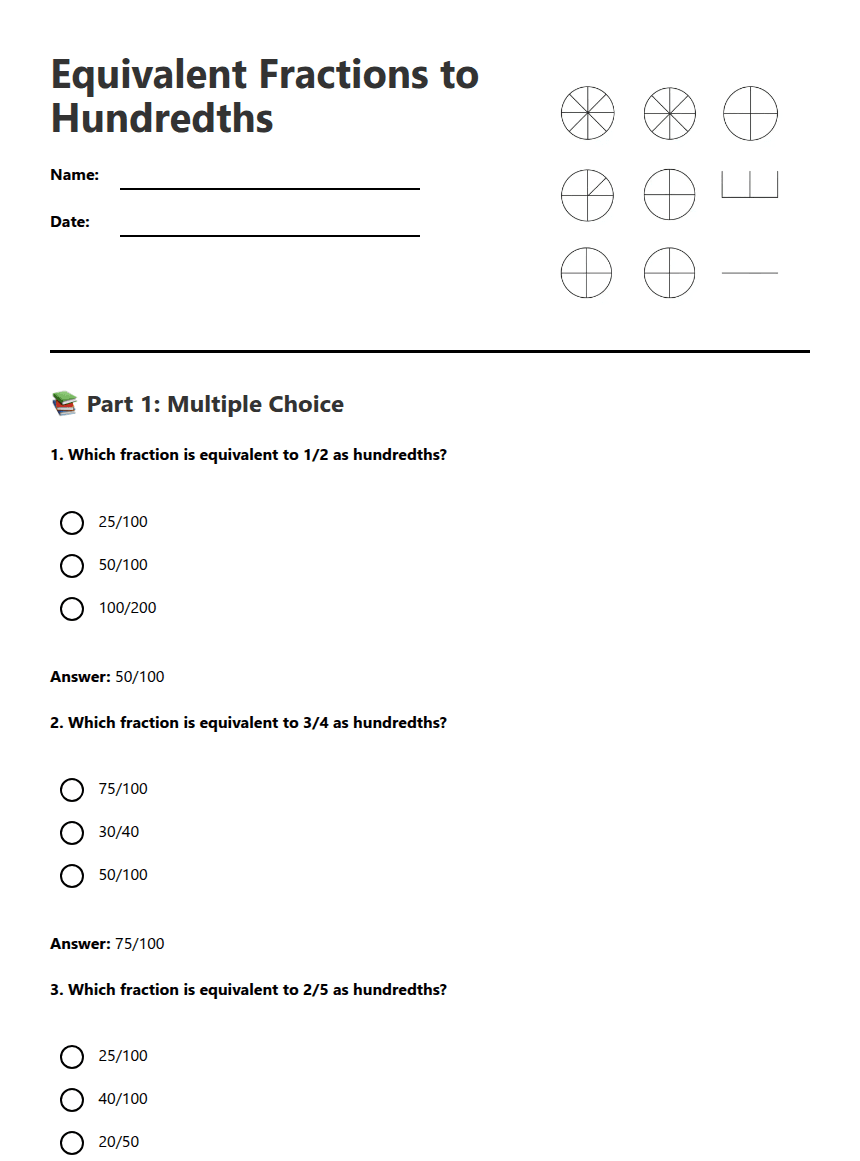 Equivalent Fractions to Hundredths worksheet preview
