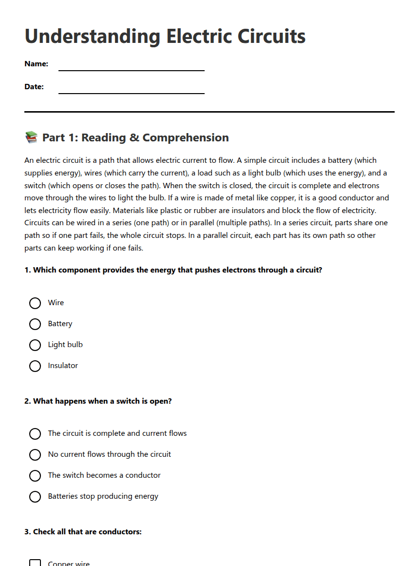 Understanding Electric Circuits worksheet preview