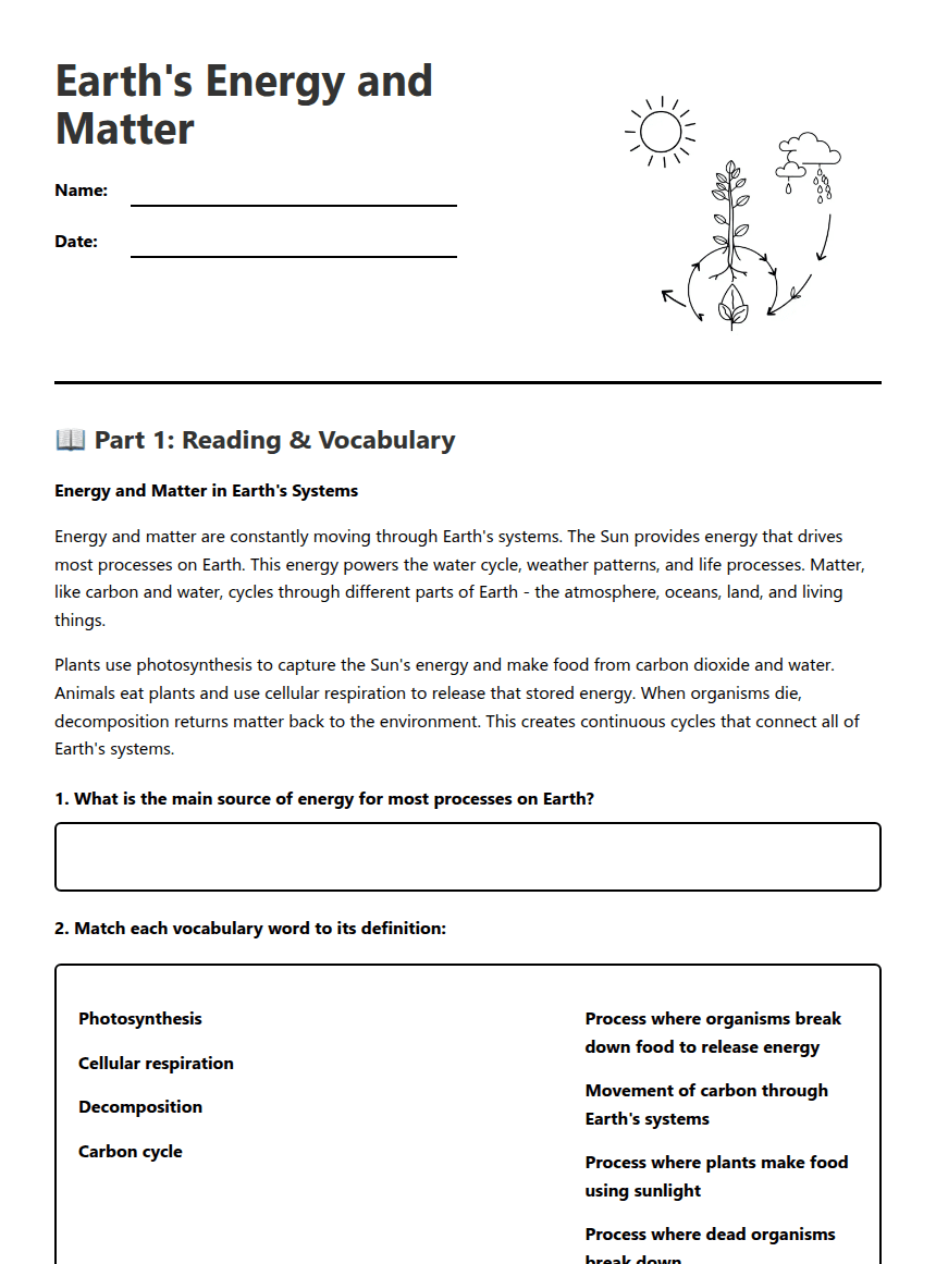 Earth's Energy and Matter worksheet preview