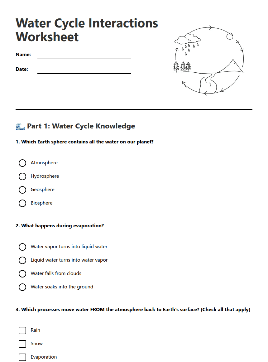Water Cycle Interactions Worksheet worksheet preview