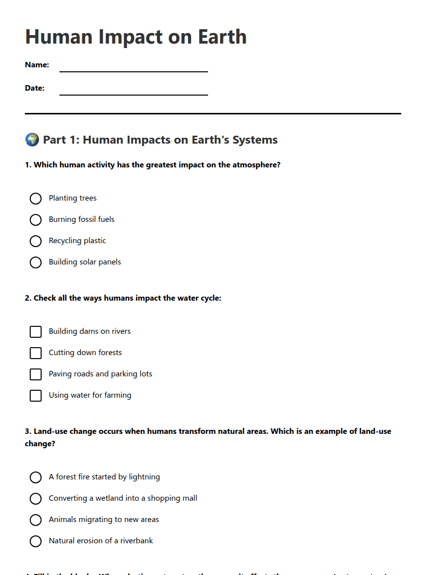 Human Impact on Earth worksheet preview