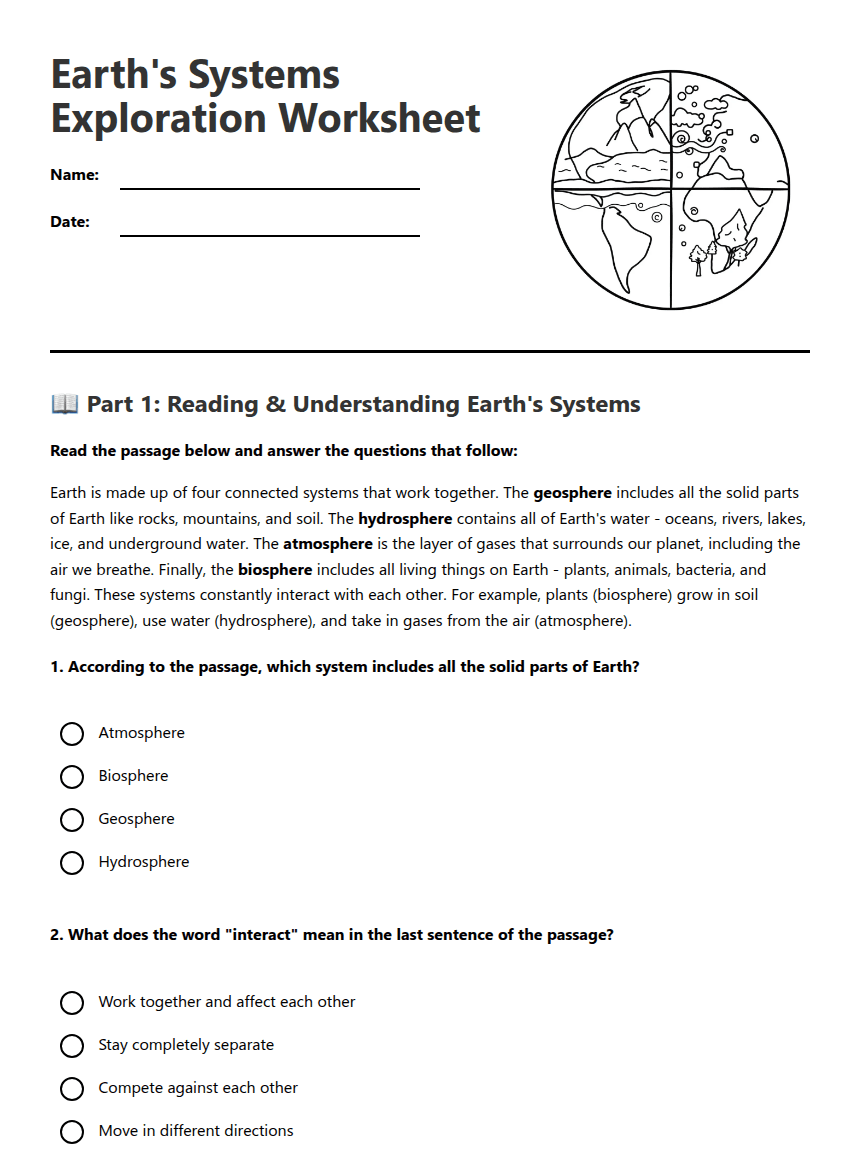 Earth's Systems Exploration Worksheet worksheet preview
