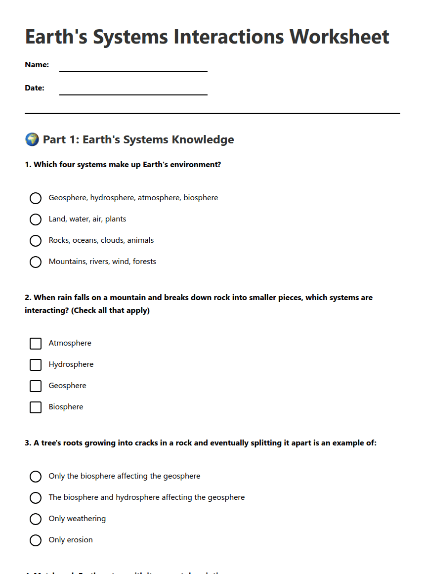 Earth's Systems Interactions Worksheet worksheet preview