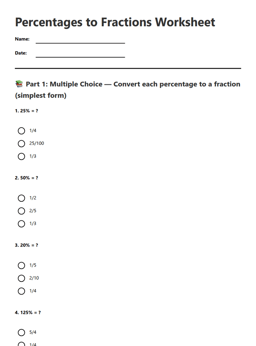 Percentages to Fractions Worksheet