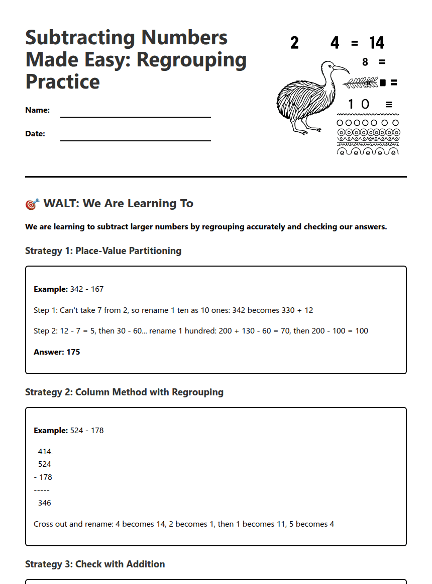 Subtraction Regrouping Practice worksheet preview