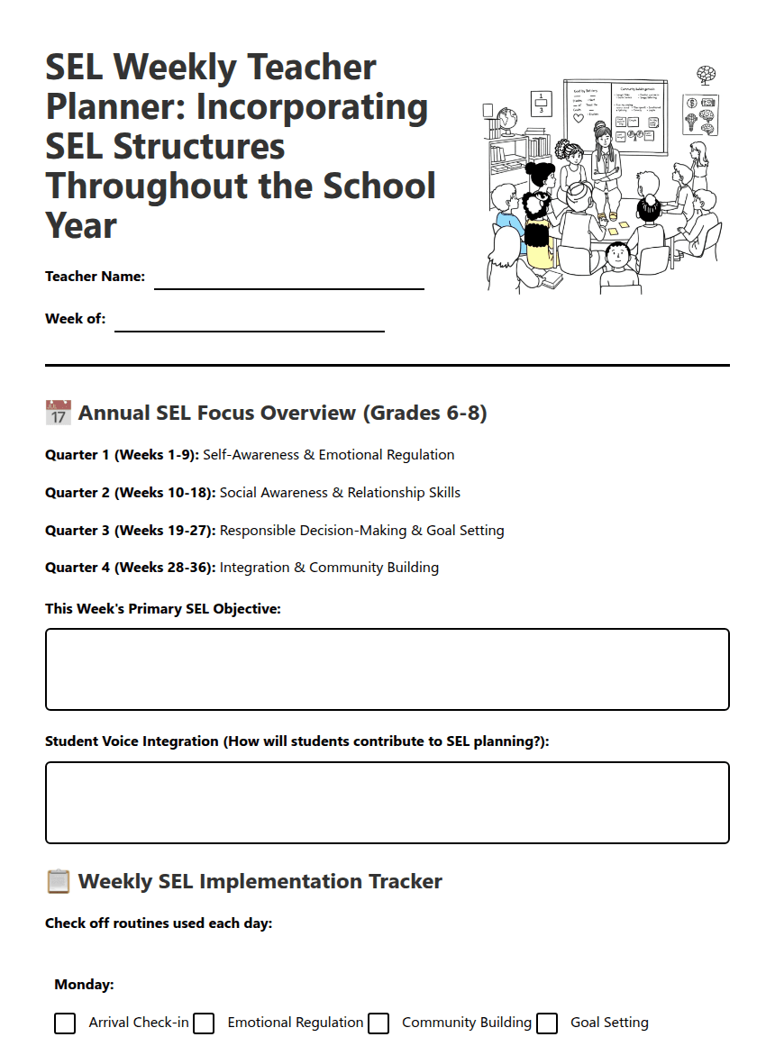 SEL Weekly Planner 6-8 worksheet preview