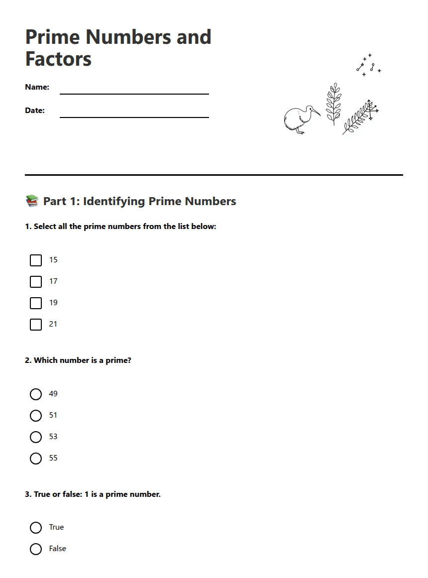 Prime Numbers and Factors worksheet preview