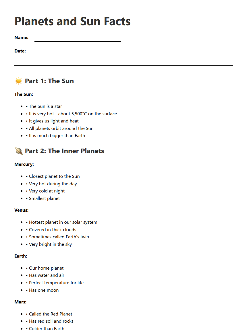 Planets and Sun Facts worksheet preview