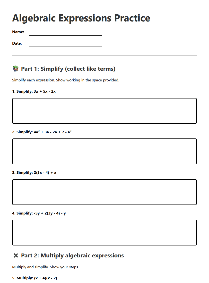 Algebraic Expressions Practice worksheet preview