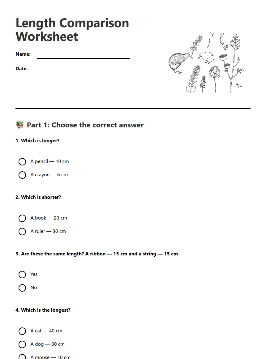 Length Comparison Worksheet worksheet preview