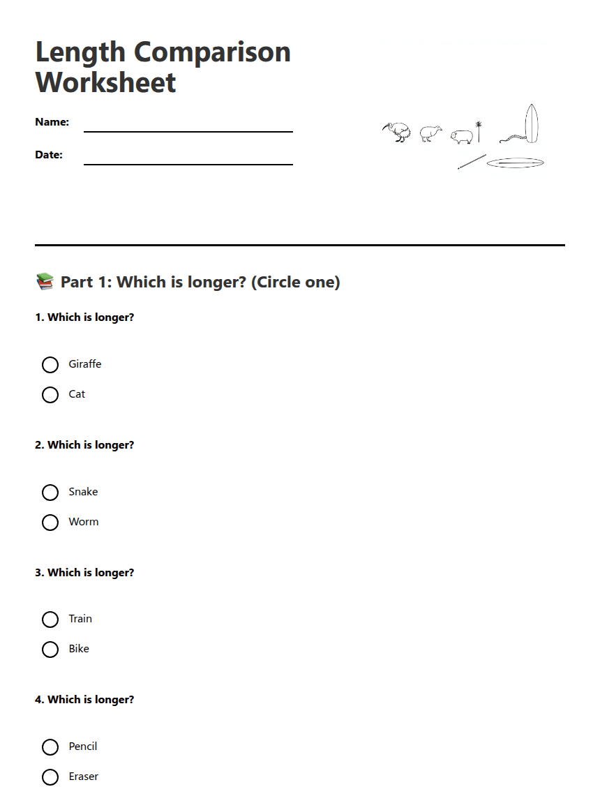 Length Comparison Worksheet worksheet preview