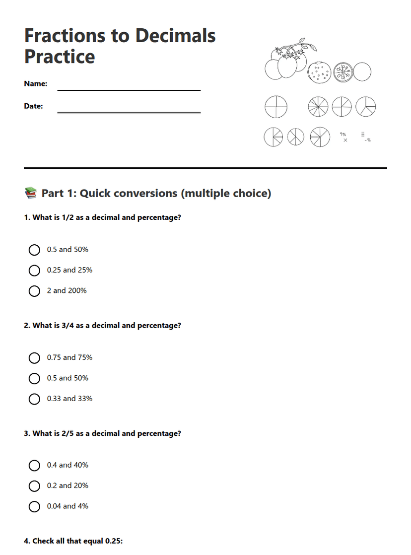 Fractions to Decimals Practice