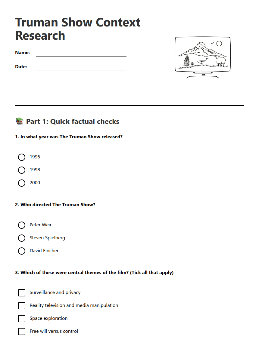 Truman Show Context Research worksheet preview