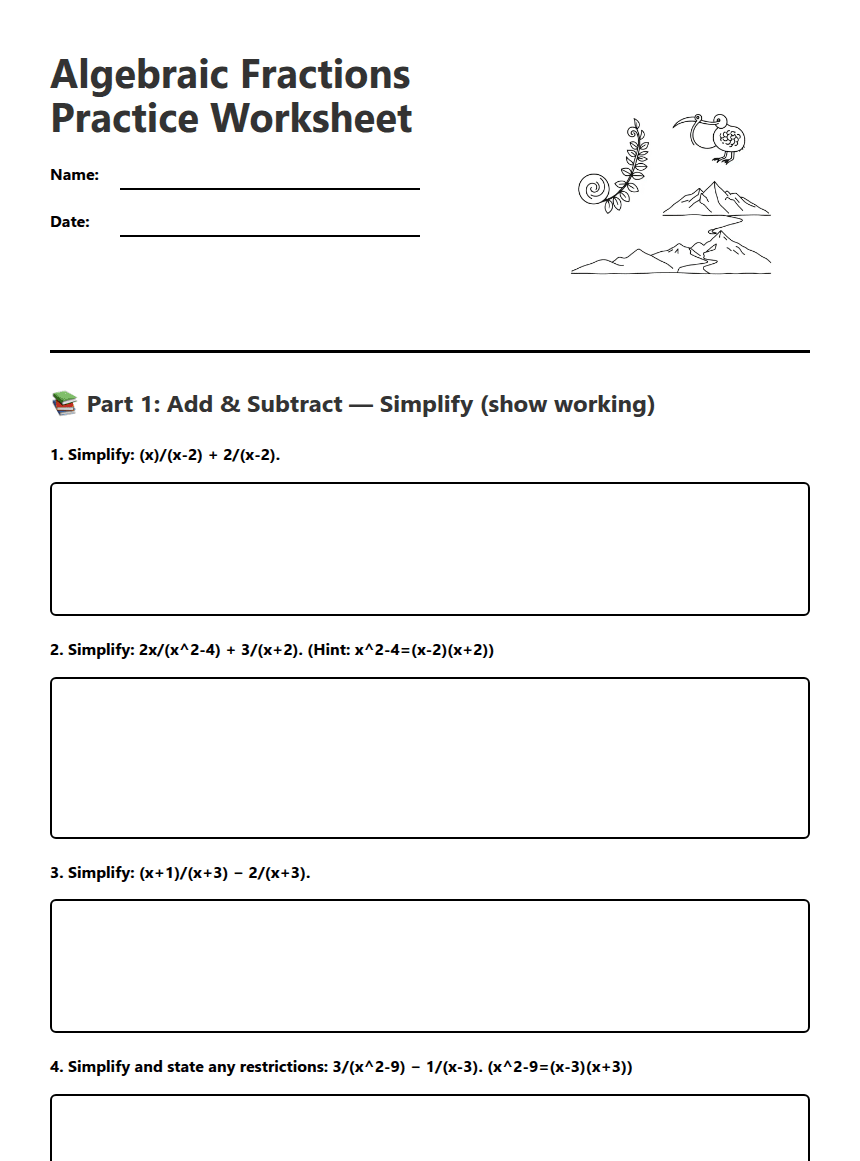 Algebraic Fractions Practice Worksheet worksheet preview