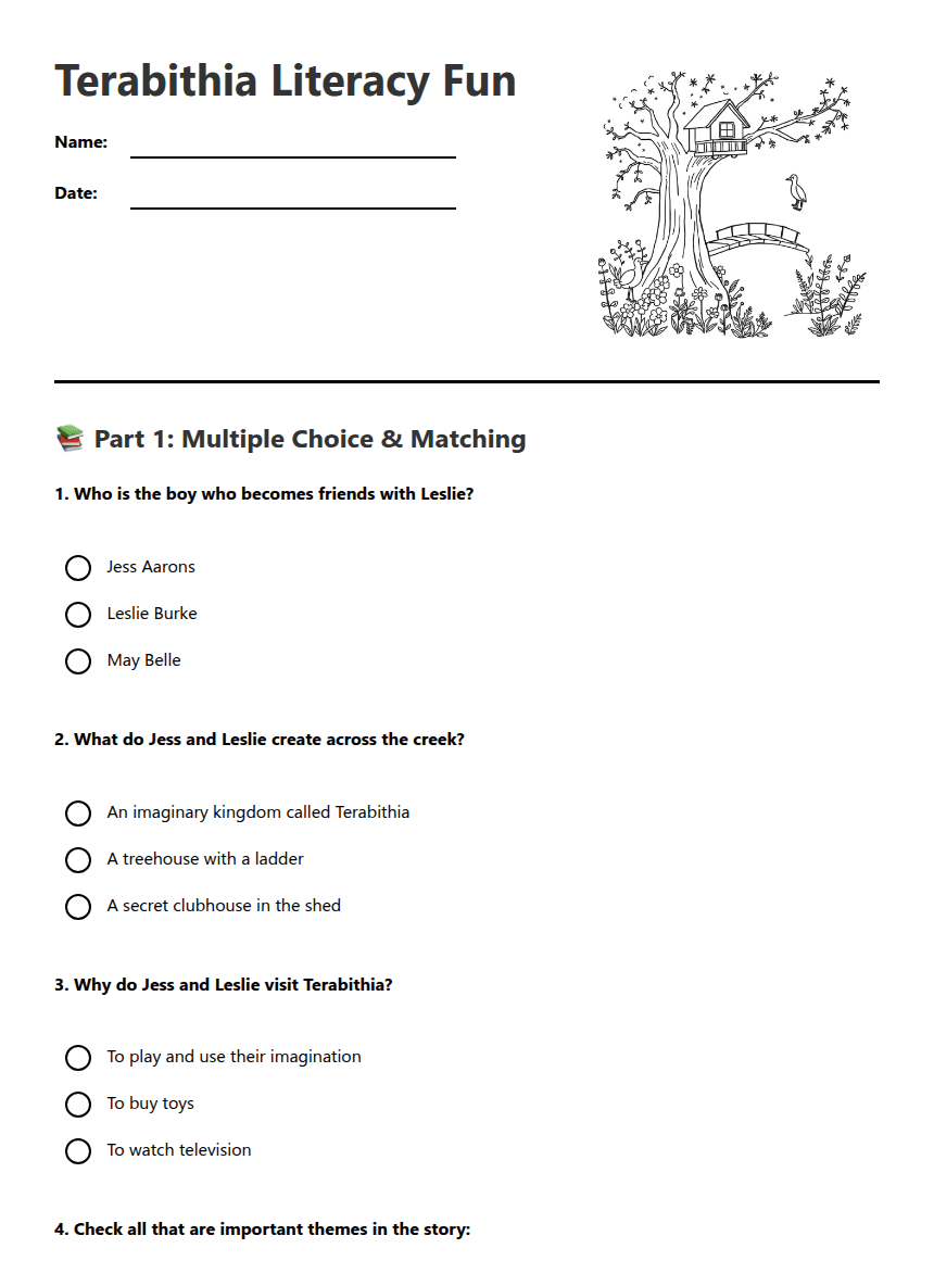 Terabithia Literacy Fun worksheet preview