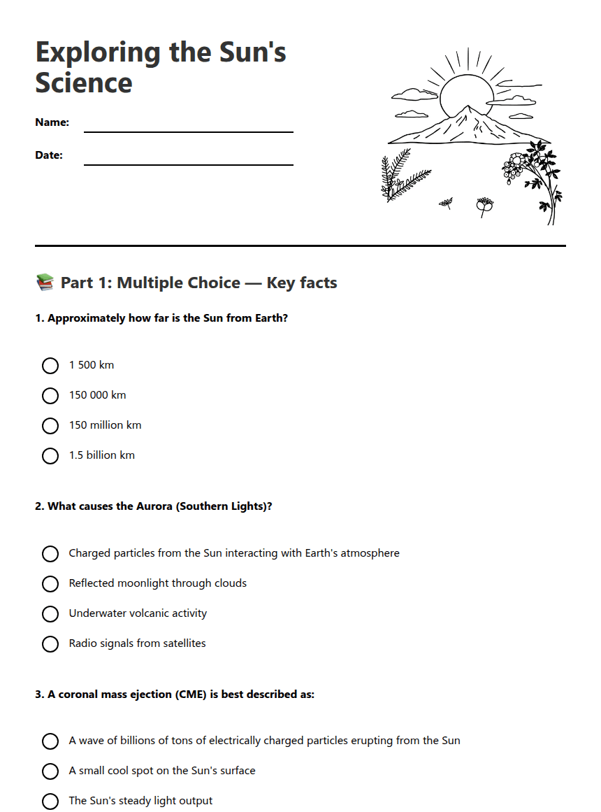 Exploring the Sun's Science worksheet preview
