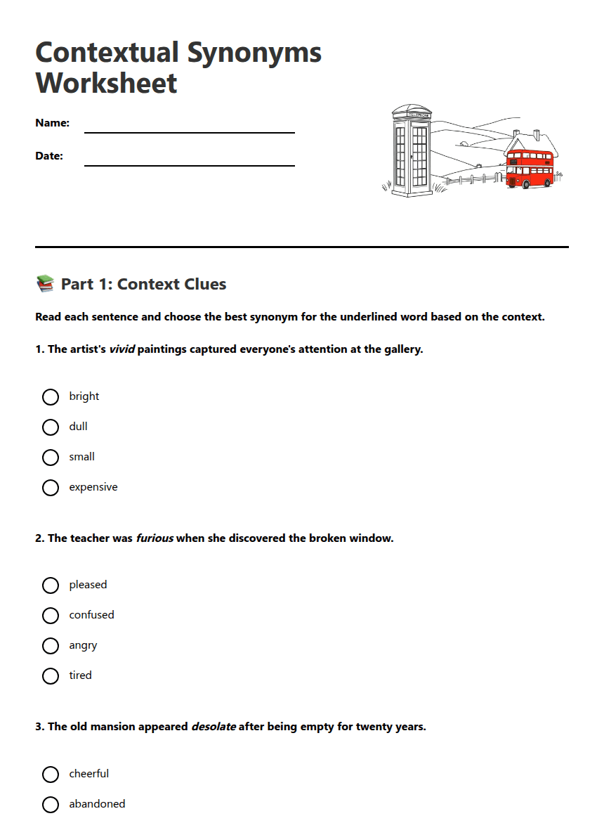 Contextual Synonyms Worksheet worksheet preview