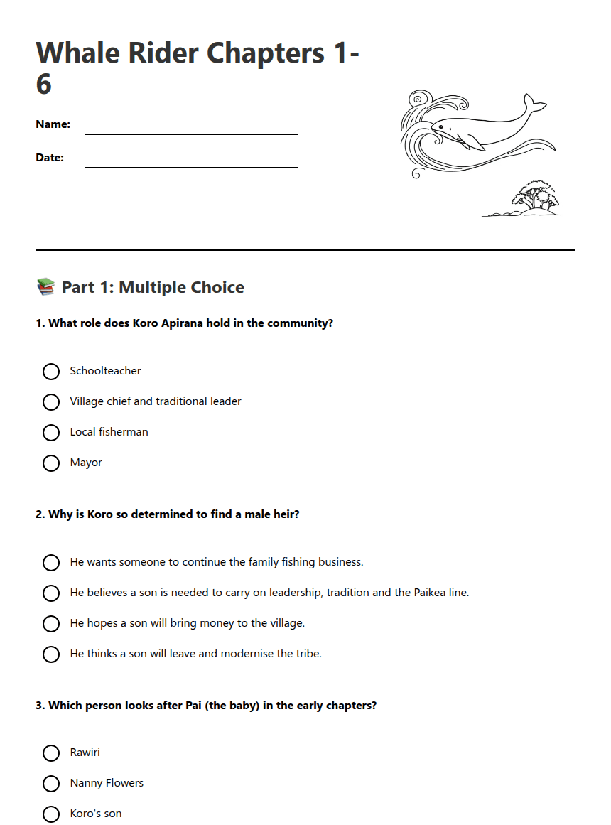 Whale Rider Chapters 1-6 worksheet preview