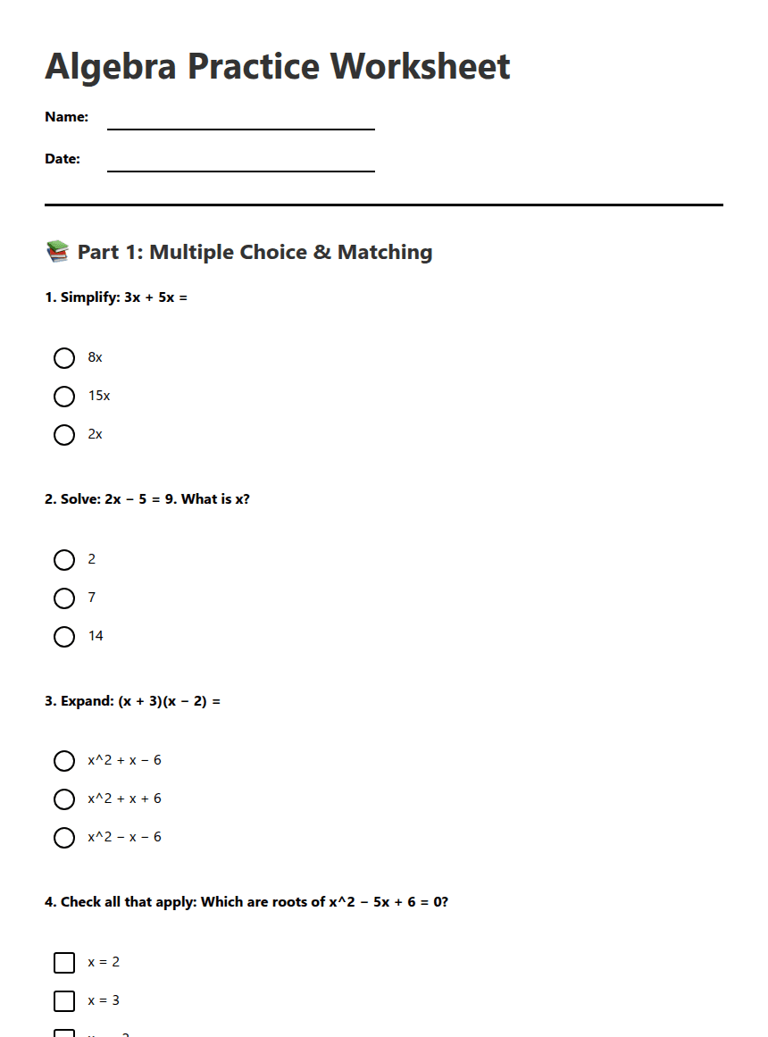 Algebra Practice Worksheet worksheet preview