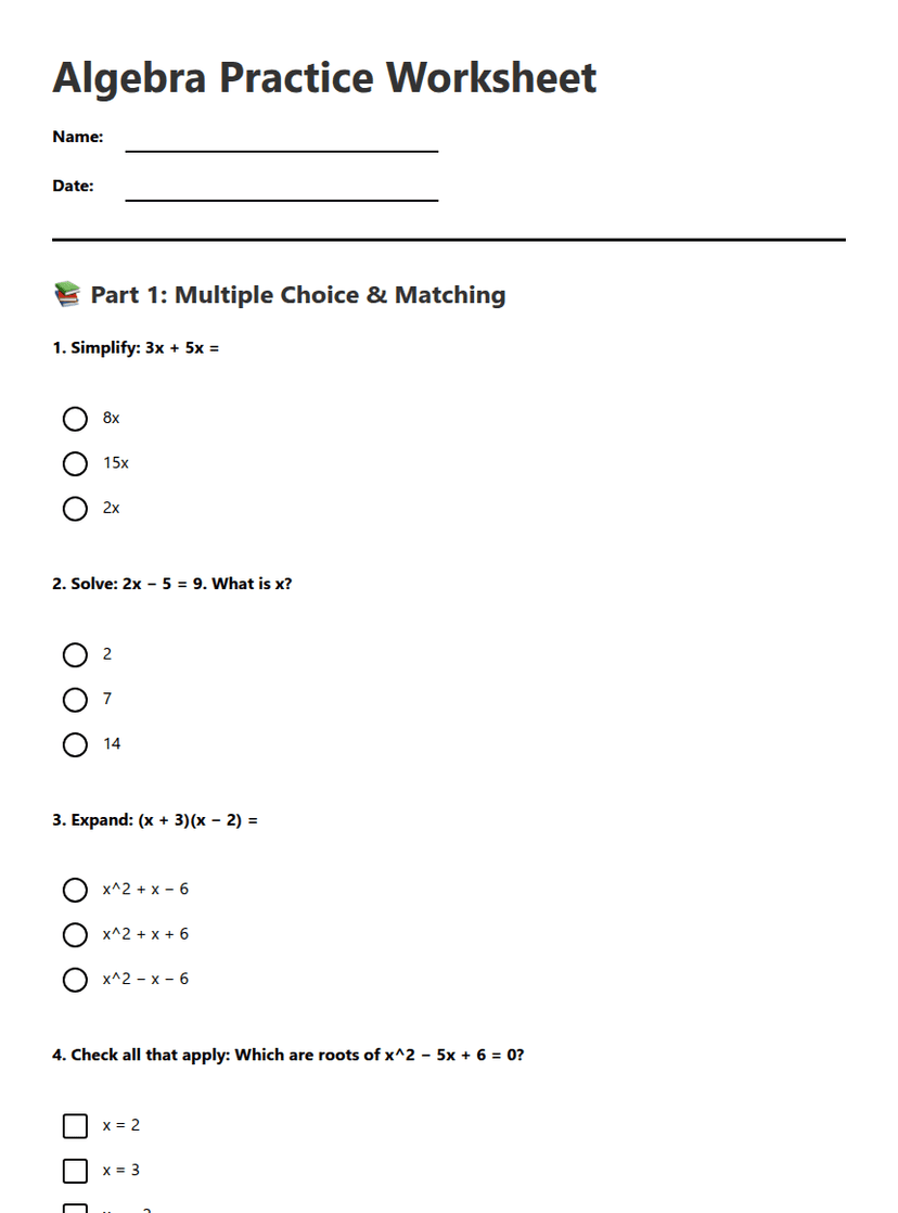 Algebra Practice Worksheet