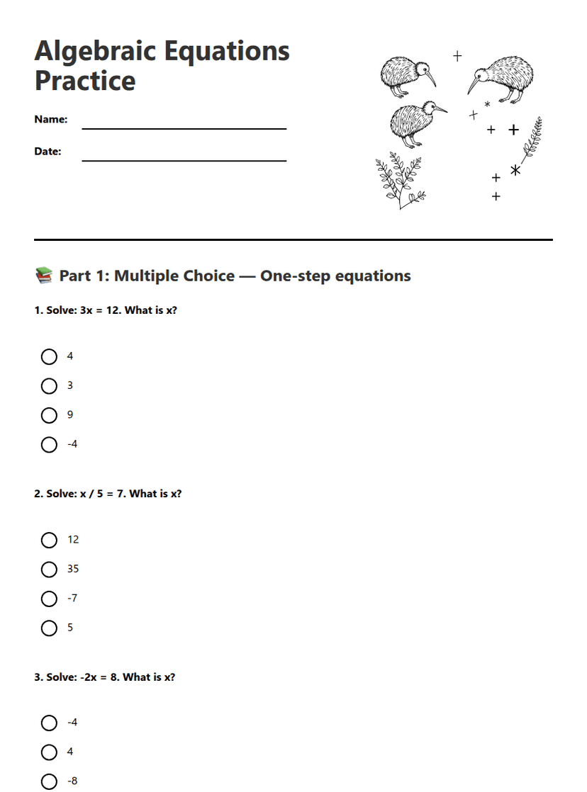 Algebraic Equations Practice